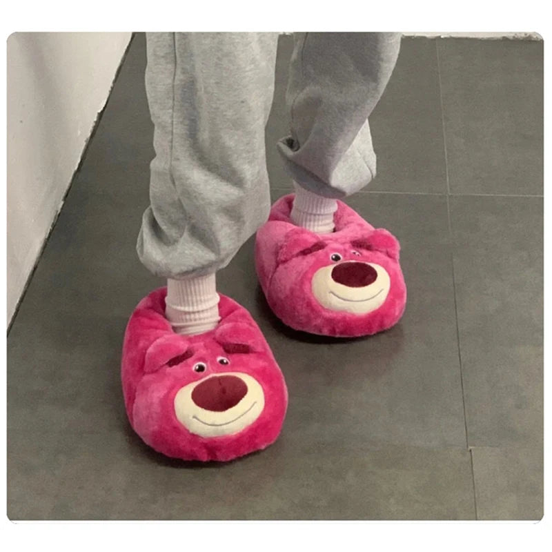 Disney Winter New Cute Cartoon Strawberry Bear Adult Home Cotton Shoes Indoor Floor Plush Warm Cotton Slippers Gift For Girls