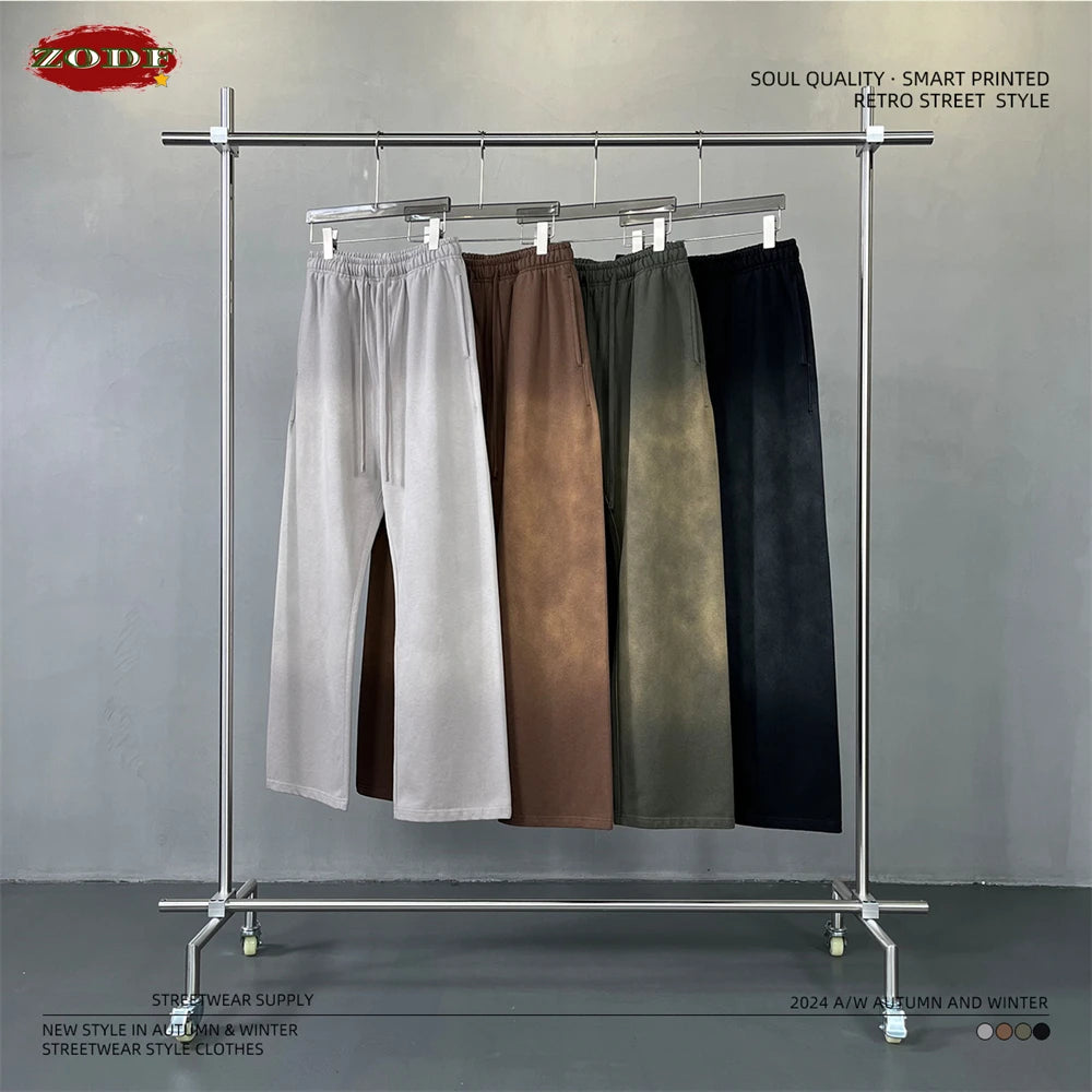 ZODF Retro Autumn Men's Washed Pants Retro Unisex Heavy Weight 450gsm Sports Knitted Straight Trouser Brand Clothes HY0916