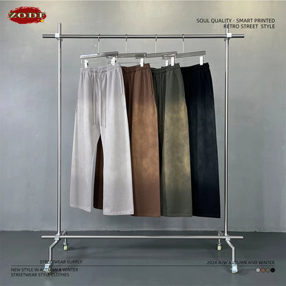 ZODF Retro Autumn Men's Washed Pants Retro Unisex Heavy Weight 450gsm Sports Knitted Straight Trouser Brand Clothes HY0916