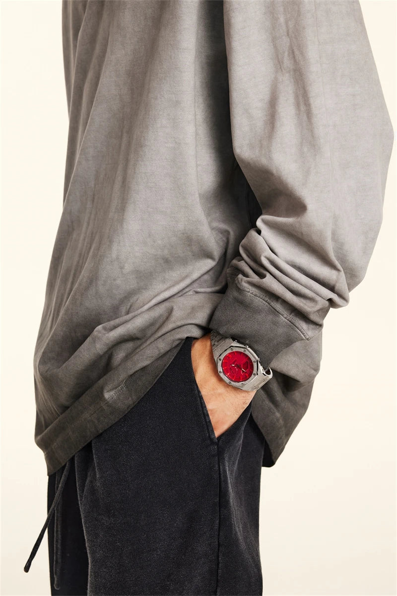 ZODF 2024 Autumn Men's Washed Cotton T-Shirt Unisex Oversized Distressed 250gsm Long Sleeve O Neck T Shirts Tees HY0921