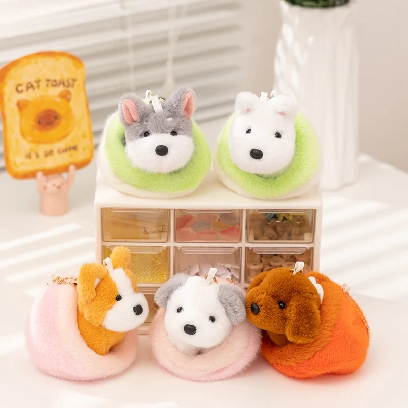 10cm Mini Cute Dog Plushies 2 in 1 Kawaii Soft Bag Pendant Love Dog in Doghouse Plush Toy Corgi Schnauzer Stuffed Doll Girl Gift