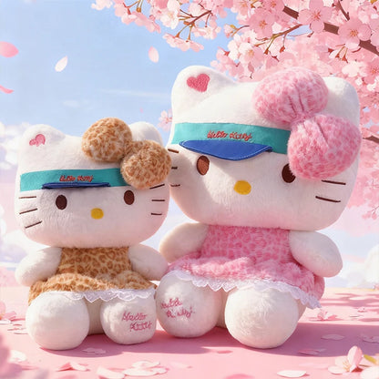 New Sanrio Plush Leopard Print Baseball Cap KT Cat Hello Kitty Stuffed Animal Kitten Pillow Doll for Kids Birthday Xmas Gift For