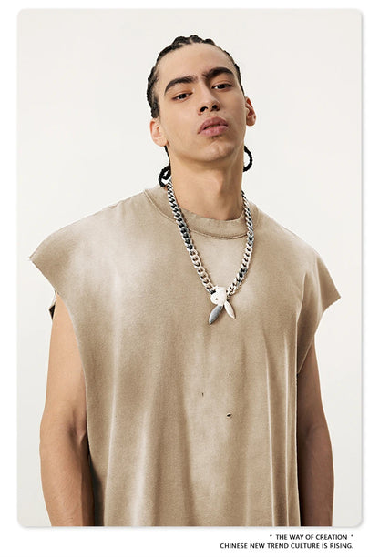 ZODF 2025 Summer 285gsm Washed Tank Tops For Men Unisex American Retro Cut Distressed Oversized Sleeveless TEE Vest HY1006