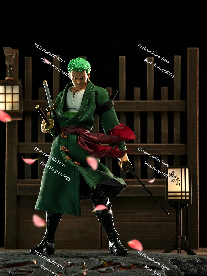 1/12 Anime One Piece Roronoa Zoro Man Soldier Mini Hemline Long Black Green Windbreaker Coat Toys Accessory For 6" Shf Figure