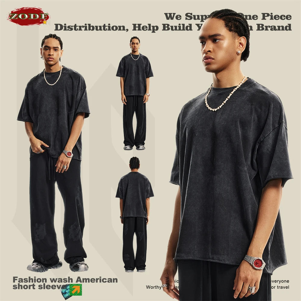 ZODF Retro 2024 Summer Men Washed Cotton T-Shirts  Unisex Women 310gsm Distressed Hem Loose Edge T Shirt Brand Tees HY0808