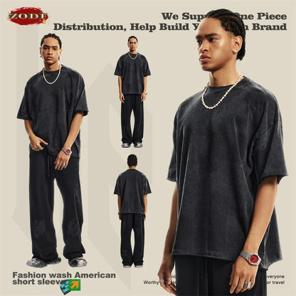 ZODF Retro 2024 Summer Men Washed Cotton T-Shirts  Unisex Women 310gsm Distressed Hem Loose Edge T Shirt Brand Tees HY0808