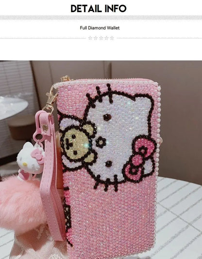 New Sanrio Cute Full Diamond Hello Kitty Wallet Sticker Full Diamond Lady Girl Heart Long Zipper Wallet Mobile Bag