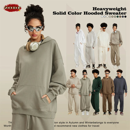 ZODF New Winter 440gsm Terry Hooded Hoodies For Men Retro Unisex Couple Loose Oversized Solid Pullovers Streetwears HY0664