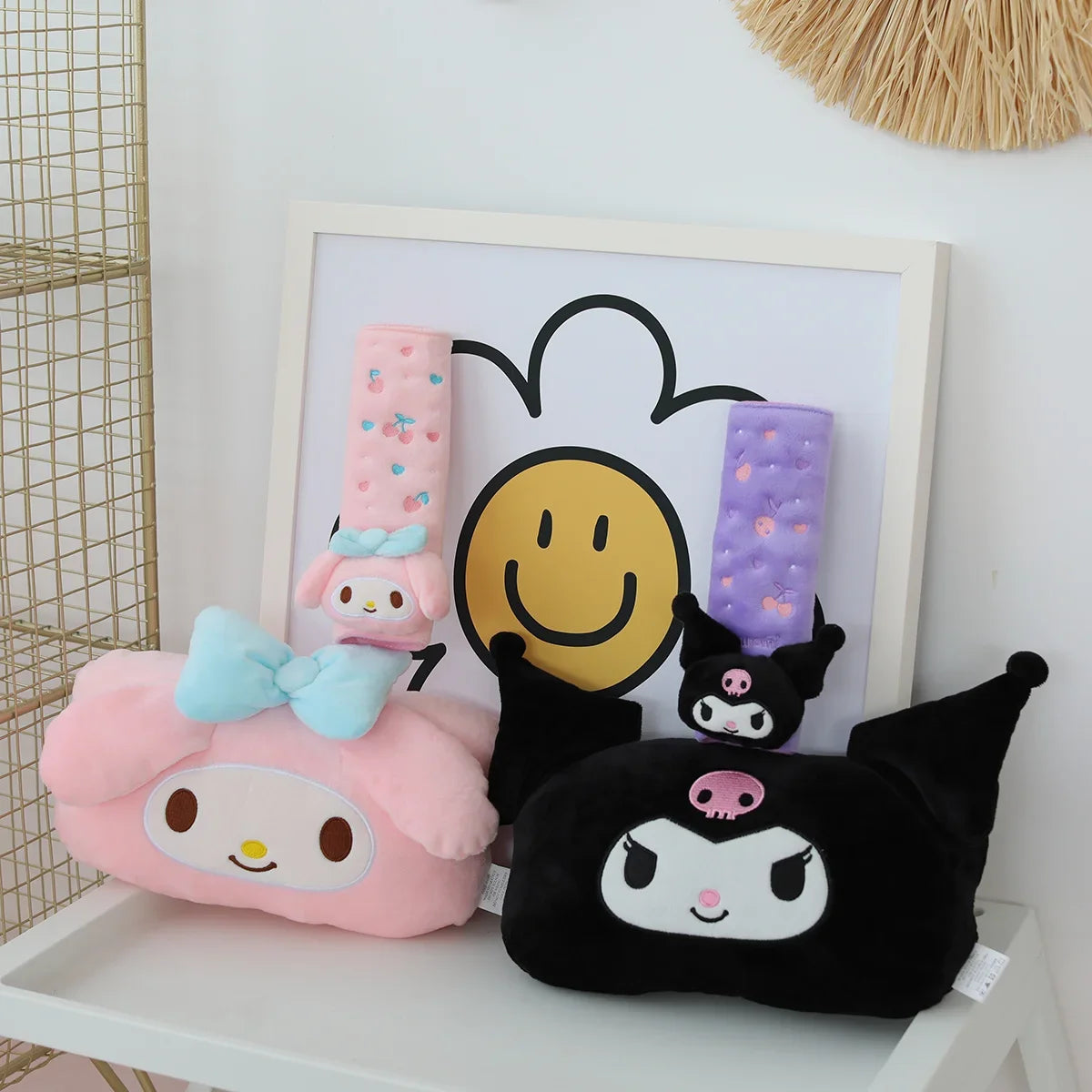 Kuromi My Melody Pillow Stuffed Anime Kuromi Car Headrest Safety Seat Belt Cover Cushion Cartoon Car Decoration Girl Gifts