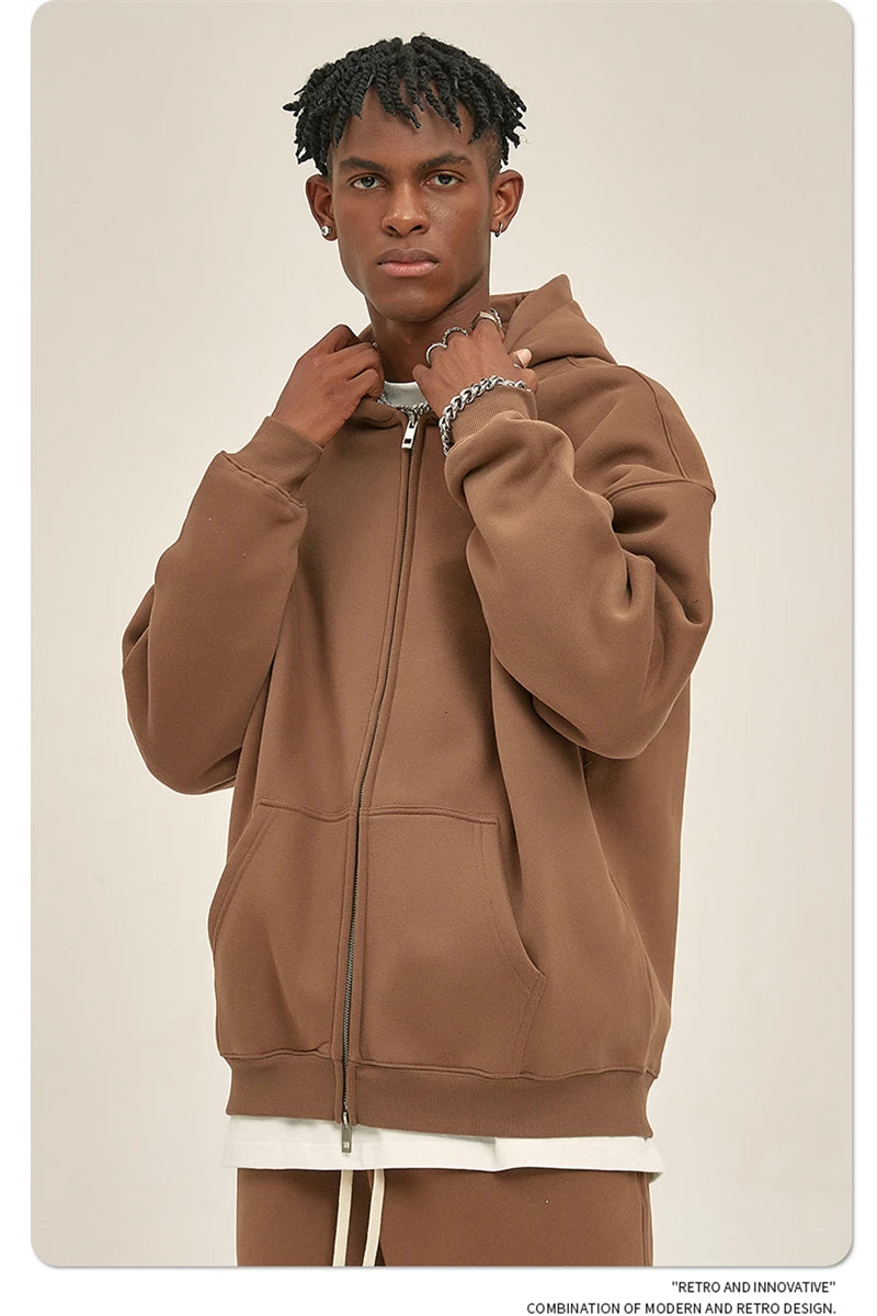 ZODF New Men Double Headed Zipper Fleece Hoodies Unisex Loose Basic Solid Warm Hooded Sweatshirts Coats For Winter HY0633