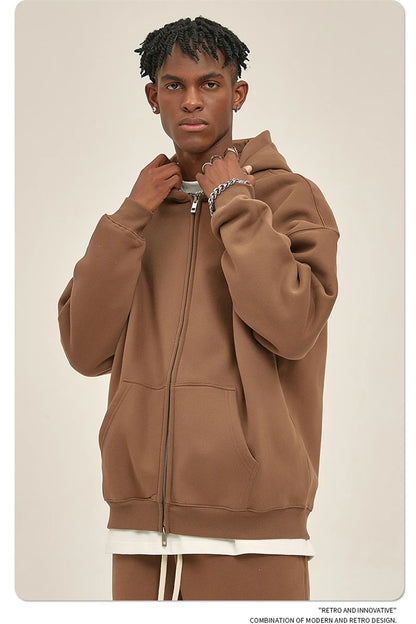 ZODF New Men Double Headed Zipper Fleece Hoodies Unisex Loose Basic Solid Warm Hooded Sweatshirts Coats For Winter HY0633