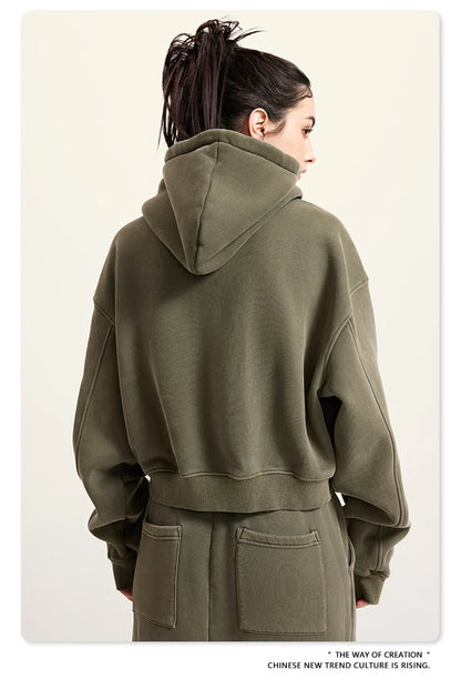 ZODF Retro 2025 Winter Women Short Zipper Hoodies Female Girls Loose 355gsm Thick Fleece Hooded Zip-up Coat Streetwears HY0448