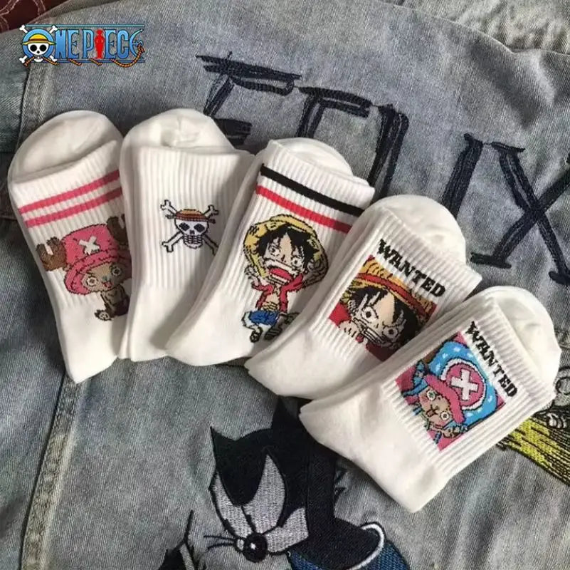 5Pair Anime One Piece Socks Cartoon Luffy Chopper Student Cotton White Long Short Boat Socks Printed Knitted Socks Children Gift