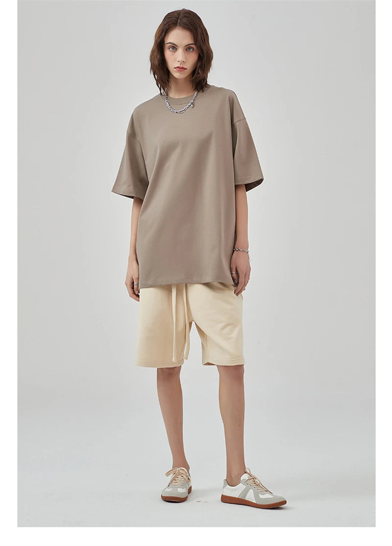 ZODF New Summer Men 100% Cotton Solid T Shirts Unisex High Street Heavy Weight 305gsm Oversized FG Noshrink T-Shirt Tops HY0165