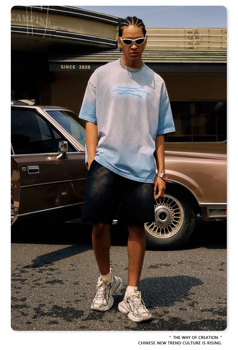 ZODF Summer High Street Printing T-Shirts For Men Unisex Retro Washed 250gsm Ripped Cotton T Shirt Brand Tops HY0858