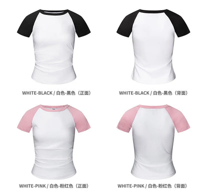 ZODF Hotsweet Summer Women Raglan Sleeve T-Shirts Girls Slim Fit 150gsm Casual Patchwork O Neck T Shirt Brand Tees HY1021