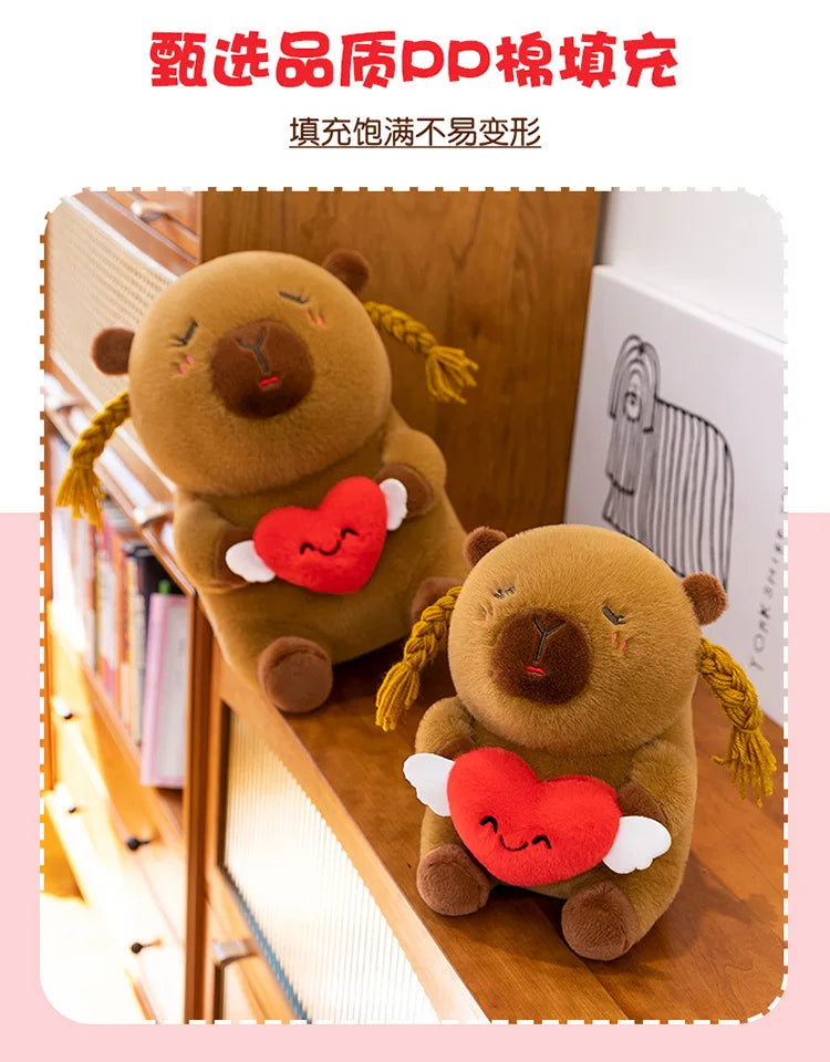 Capybara Plush Toy Cute Ugly Charming Love Heart Hair Braid Pillow Stuffed Animal Kids Birthday Christmas Gift for Children