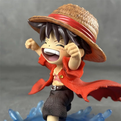 16cm One Piece Luffy Childhood Figure Shuiyue Style Laughing Expression Blue Water Effect Base PVC Anime Desk Decor Gift For Fan