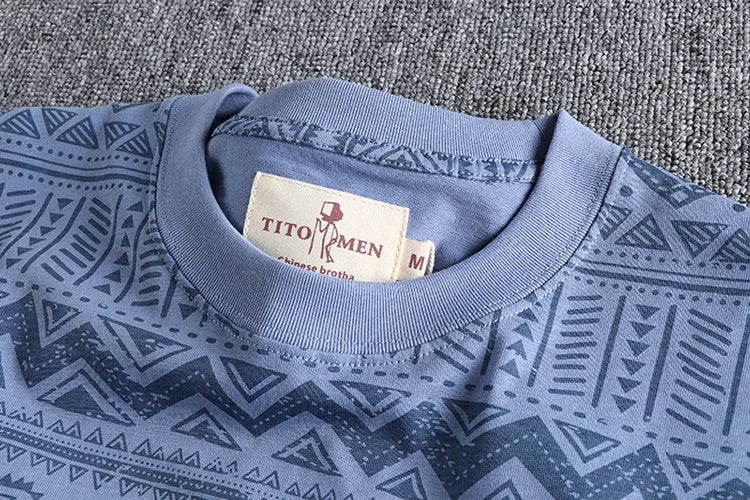 6013# Summer New American Retro Short Sleeve O-neck Geometric Printed T-shirt Men's Fashion 100% Cotton Washed Loose Casual Tops