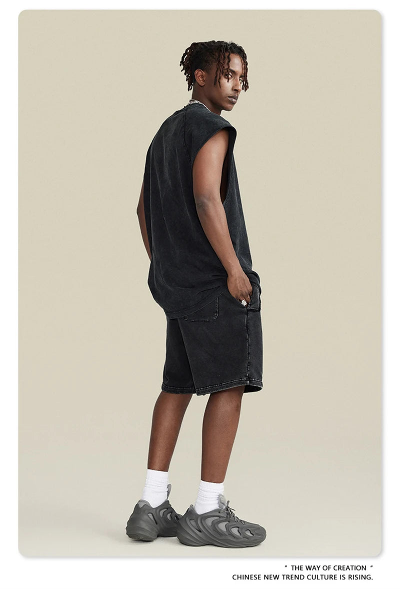 ZODF American Retro Men Washed Solid Tank Tops Women Unisex Loose Edge 275gsm Cotton Sleeveless Tees Brand Streetwears HY0503