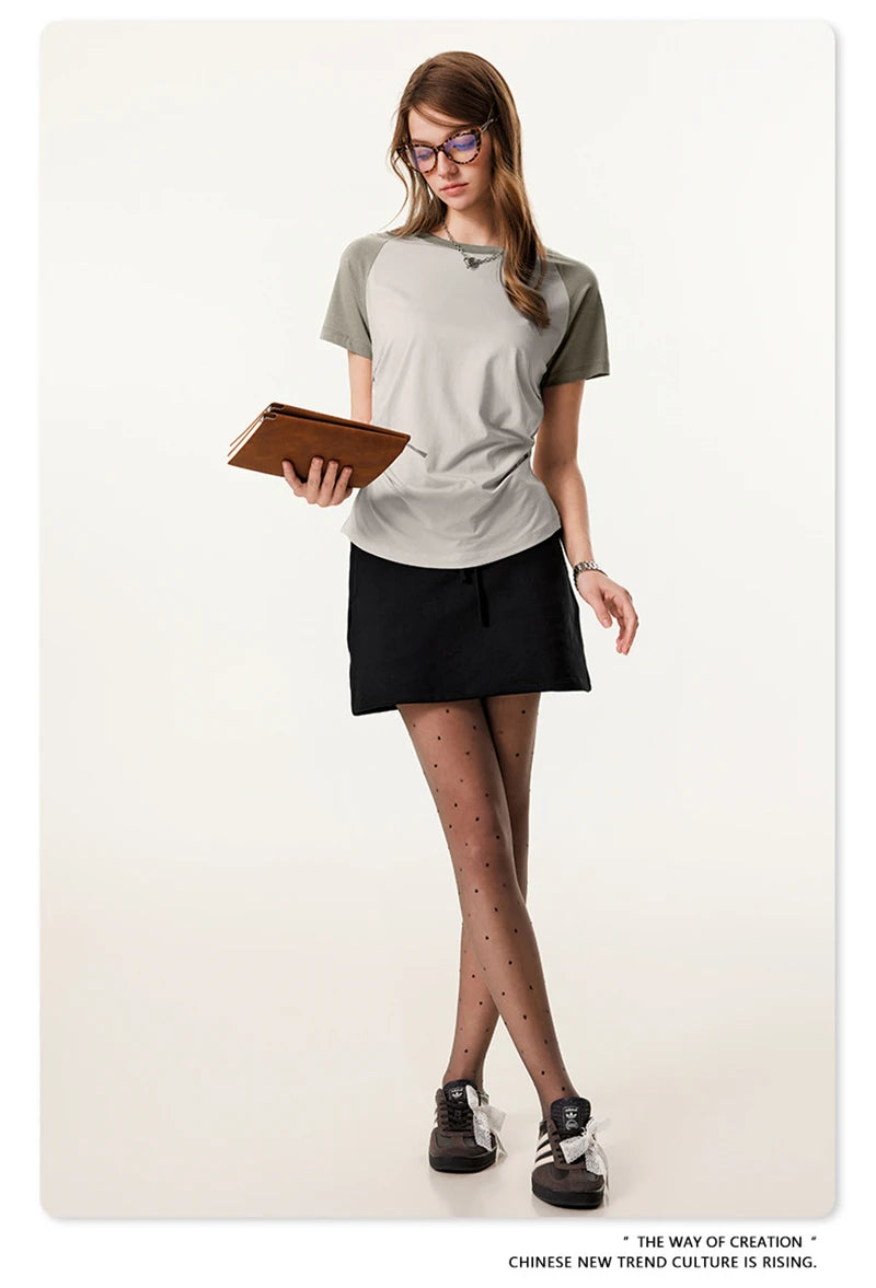 ZODF Hotsweet Summer Women Raglan Sleeve T-Shirts Girls Slim Fit 150gsm Casual Patchwork O Neck T Shirt Brand Tees HY1021