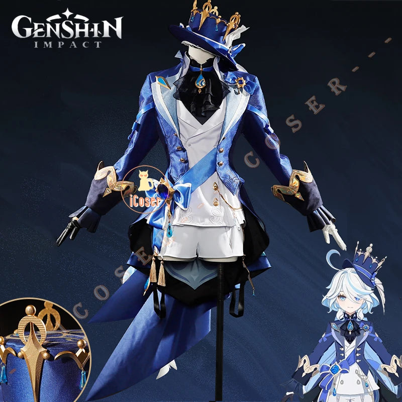 iCoser Focalors Furina Cosplay Costume Wig Dress Genshin Impact Fontaine Uniform Hat Pneuma Ousia God of Justice for Women Props