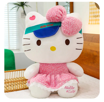 New Sanrio Plush Leopard Print Baseball Cap KT Cat Hello Kitty Stuffed Animal Kitten Pillow Doll for Kids Birthday Xmas Gift For