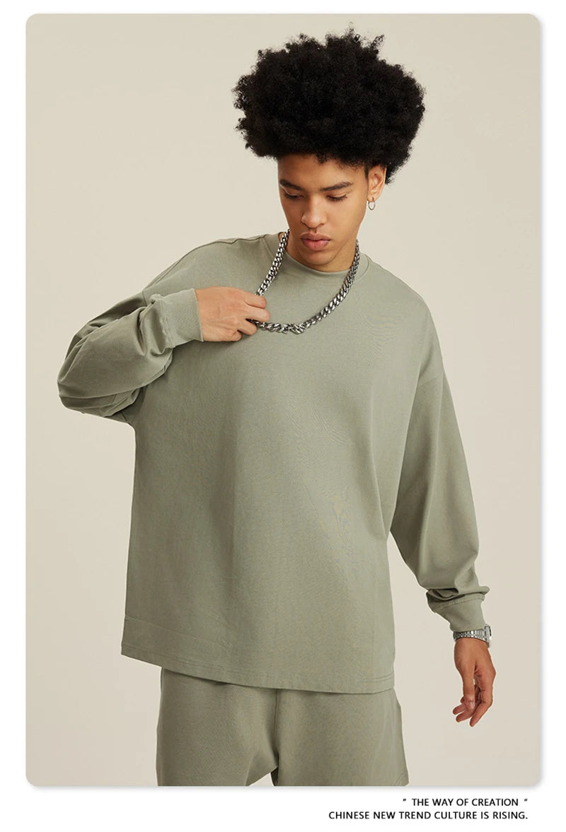 ZODF NEW Autumn Men's Solid Full Sleeve T Shirts Unisex Loose Oversized Casual 305GSM Cotton Basic T-Shirt Brand TEE HY0209