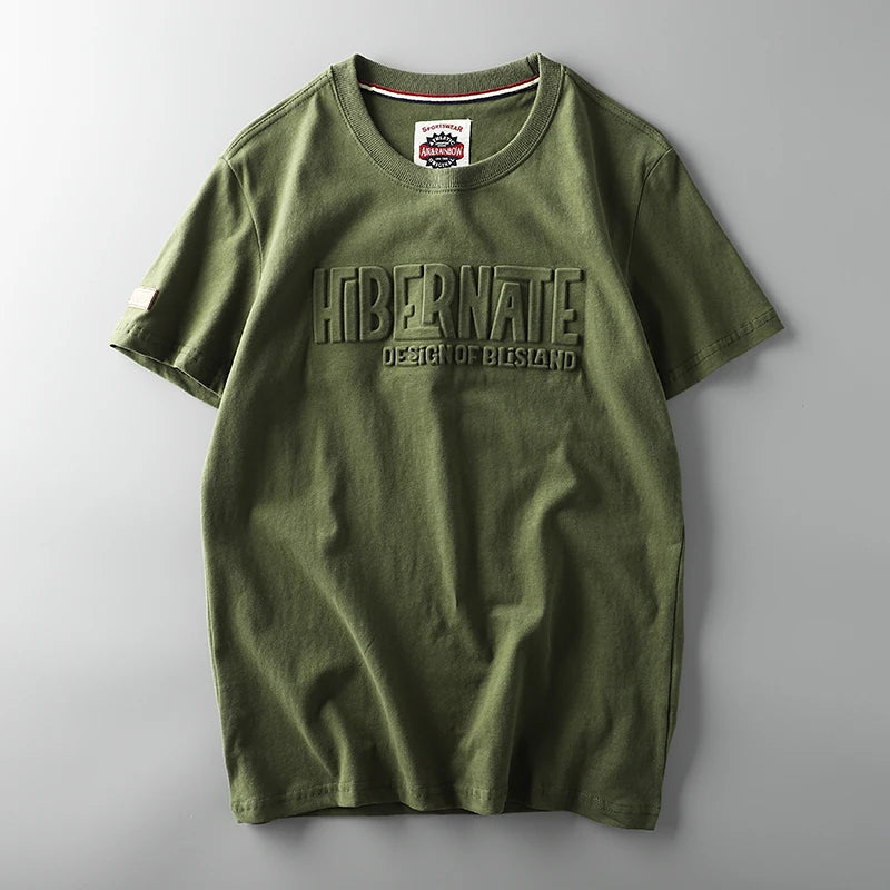 Summer American Retro Short-sleeved O-neck 3D Letter Printed T-shirt Men's Fashion Simple 100% Cotton Washed Casual Sport Tops