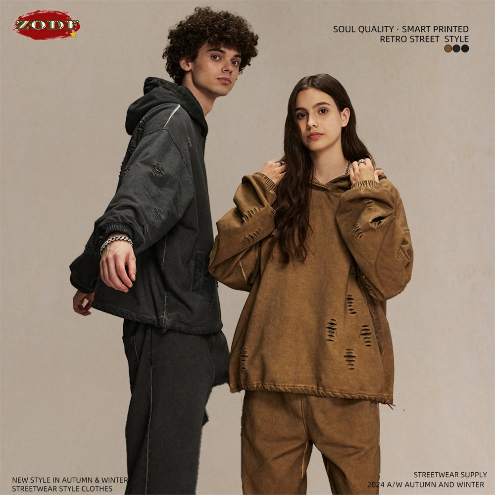 ZODF Vintage Winter Men Distressed 450gsm Hoodies Unisex High Street Ripped Holes Elastic Hem Hooded Pullovers Coat HY0932