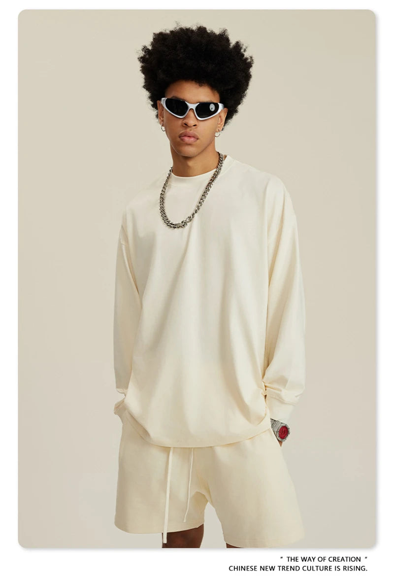 ZODF NEW Autumn Men's Solid Full Sleeve T Shirts Unisex Loose Oversized Casual 305GSM Cotton Basic T-Shirt Brand TEE HY0209