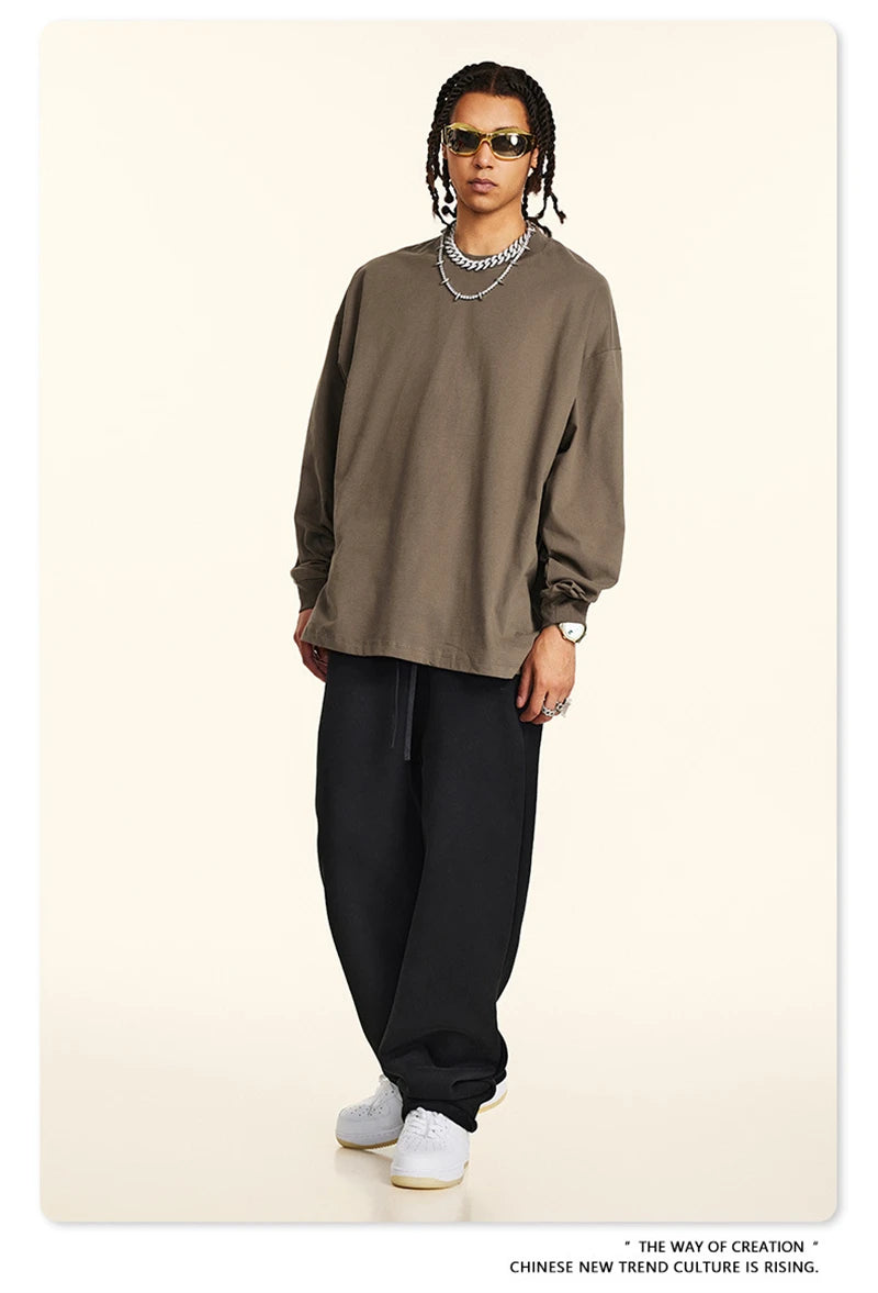 ZODF New 2024 Autumn 225gsm Loose Solid T-Shirt For Men Retro Unisex Antibacterial Full Sleeve T Shirts Brand Tops HY0871