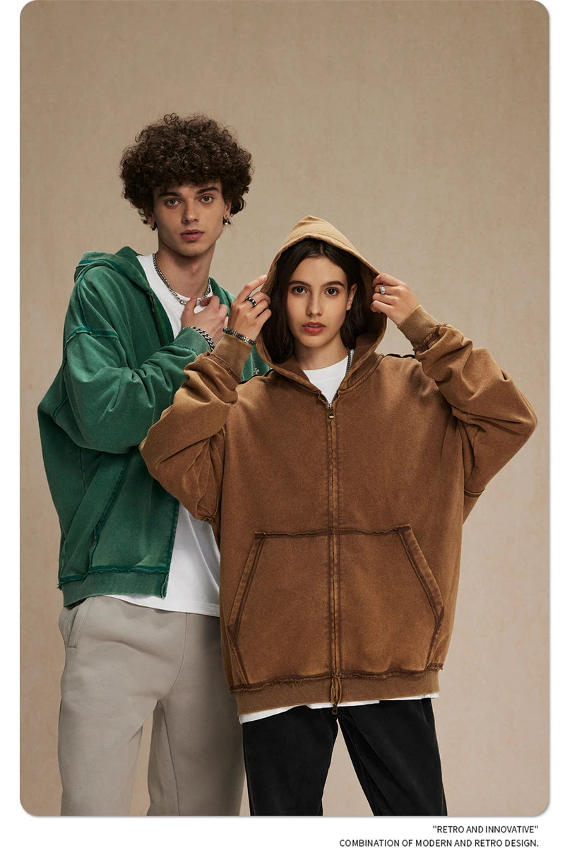 ZODF Retro Men's Heavyweight 450gsm Zipper Hoodies Unisex Loose Distressed Washed Batik Knitted Hooded Coat Jacket HY0889