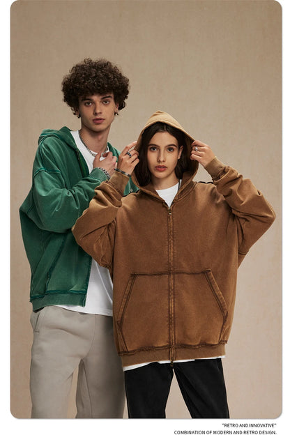 ZODF Retro Men's Heavyweight 450gsm Zipper Hoodies Unisex Loose Distressed Washed Batik Knitted Hooded Coat Jacket HY0889