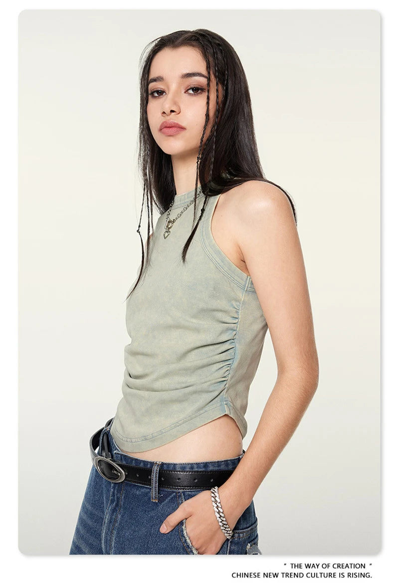 ZODF Women 2024 Summer Washed Tank Tops Female Hotsweet Girls 235gsm Slim Pleated Arc Hem Camisole TEE Streetwears HY0795