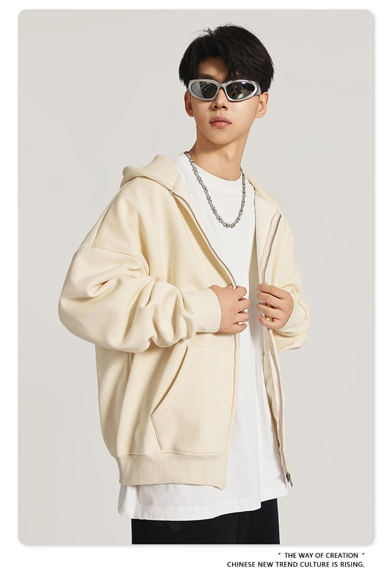 ZODF New Winter Men Zipper Fleece Hoodies Unisex Loose Heavy Weight Thick Warm Basic 420gsm Hooded Coats Hoodie HY0747