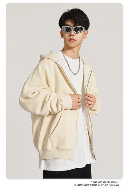 ZODF New Winter Men Zipper Fleece Hoodies Unisex Loose Heavy Weight Thick Warm Basic 420gsm Hooded Coats Hoodie HY0747