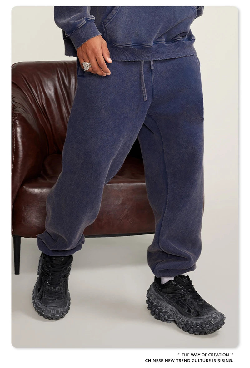 ZODF Winter Men Washed Thick Fleece 400gsm Loose Fit Joggers Sweatpants Streetwear HY0668