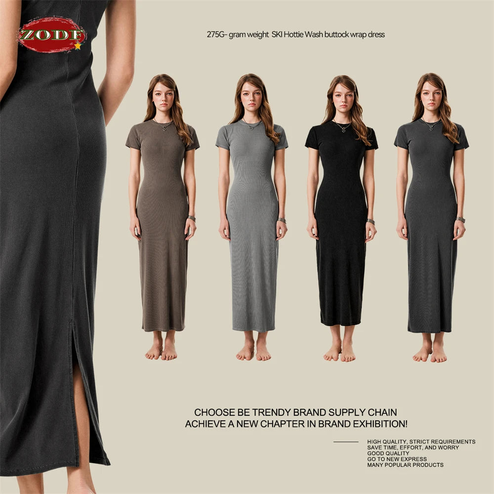 ZODF Sexy 2025 Spring Women 275gsm Long Dress Female Girls O Neck Washed Distressed Slim Slit Fit Dresses HY1008