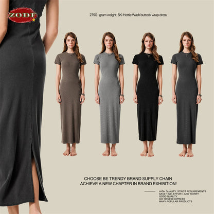 ZODF Sexy 2025 Spring Women 275gsm Long Dress Female Girls O Neck Washed Distressed Slim Slit Fit Dresses HY1008