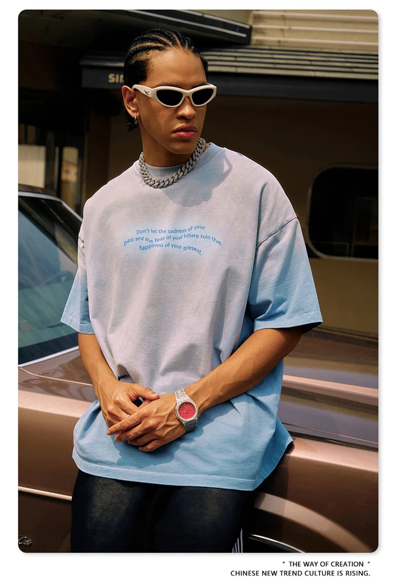 ZODF Summer High Street Printing T-Shirts For Men Unisex Retro Washed 250gsm Ripped Cotton T Shirt Brand Tops HY0858