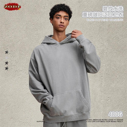 ZODF Retro Heavy Weight 480gsm Cotton Hoodies For Man Unisex Oversized Washed Distressed Hooded Pullovers Brand Coats HY1115