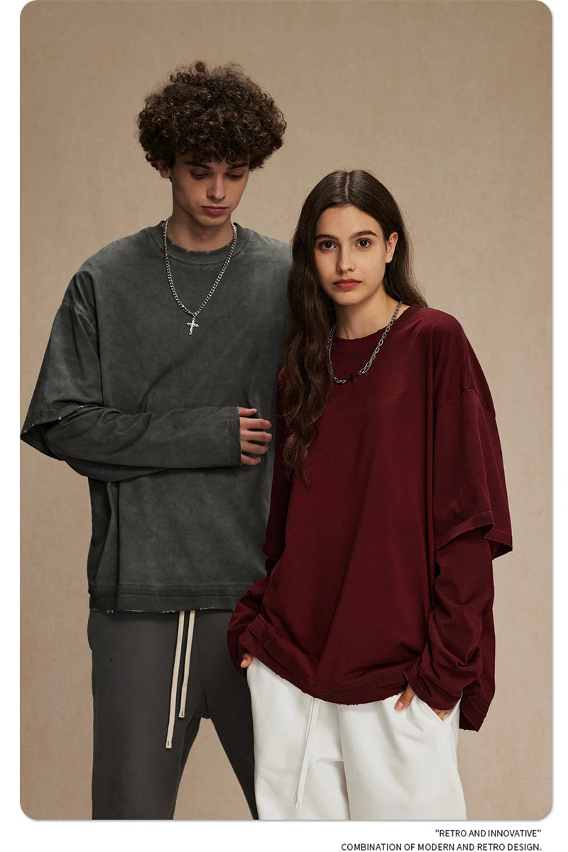 ZODF New 2024 Autumn Fake 2 Pieces T-Shirt For Men Unisex Loose Solid Long Sleeve O-Neck 305gsm Cotton T Shirt Brand Tops HY0944