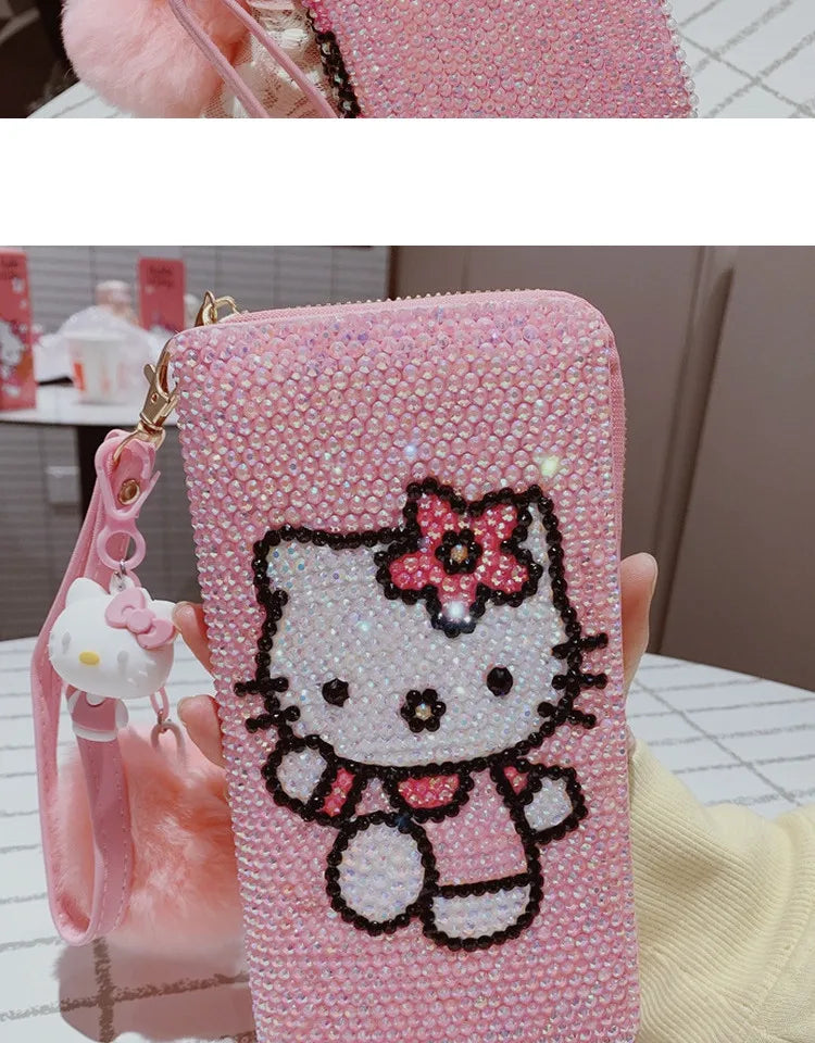 New Sanrio Cute Full Diamond Hello Kitty Wallet Sticker Full Diamond Lady Girl Heart Long Zipper Wallet Mobile Bag