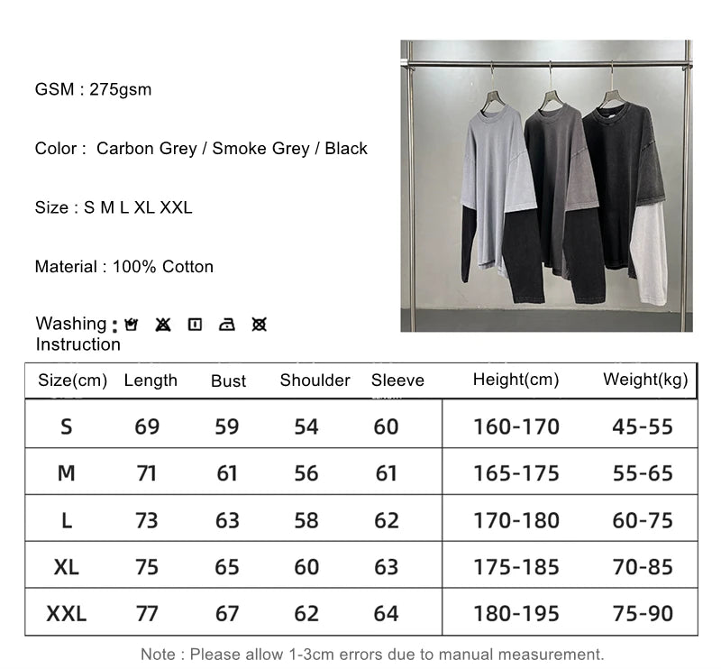 ZODF Retro Fake 2-Piece Cotton T-Shirts For Man Unisex Distressed Full Sleeve Washed O Neck T Shirt Brand Tees HY1156