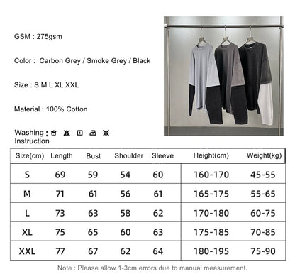 ZODF Retro Fake 2-Piece Cotton T-Shirts For Man Unisex Distressed Full Sleeve Washed O Neck T Shirt Brand Tees HY1156