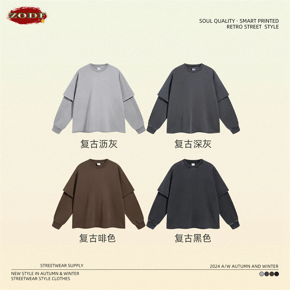ZODF Retro Autumn Men Washed Cotton T-Shirts Unisex Loose Edge Fake 2-Piece 345gsm Full Sleeve O Neck T Shirt Brand Tops HY0928