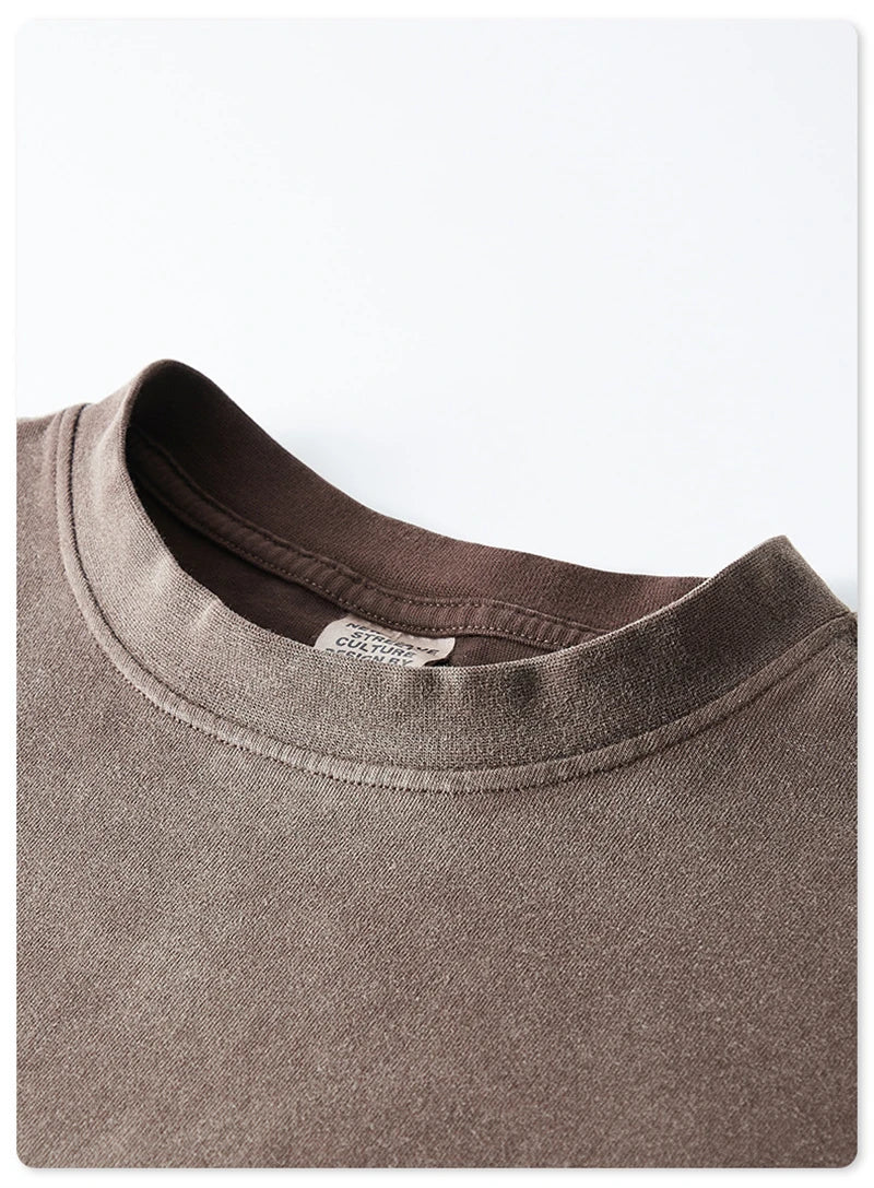 ZODF Retro Monkey Washed 260gsm Cotton T-Shirt For Men Unisex High Street Loose Full Sleeve T Shirt Brand Streetwear HY0406