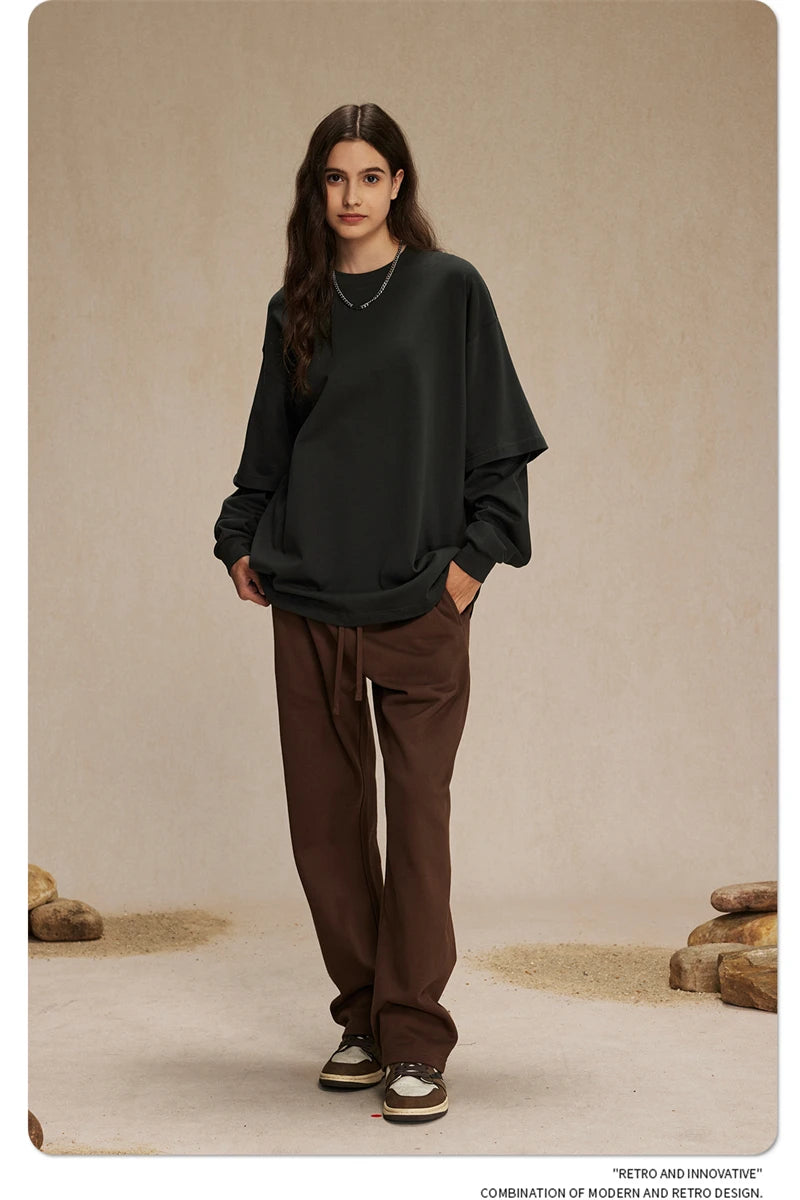 ZODF Fashion Spring Autumn Men 100% Cotton T-Shirt Unisex Fake 2-Piece 305gsm Solid Full Sleeve O Neck T Shirt Brand Tees HY0925