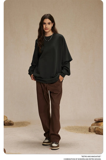 ZODF Fashion Spring Autumn Men 100% Cotton T-Shirt Unisex Fake 2-Piece 305gsm Solid Full Sleeve O Neck T Shirt Brand Tees HY0925